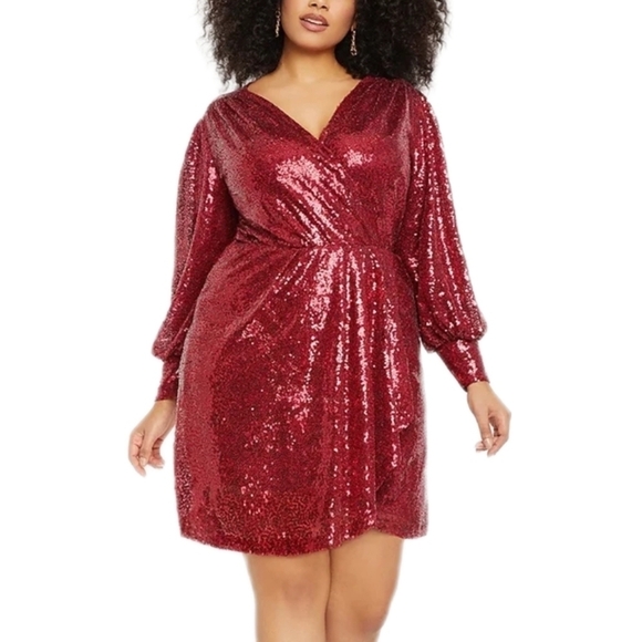 Eloquii Dresses & Skirts - Eloquii cherry burgundy red sequins puff long sleeve v-neck midi wrap dress 20